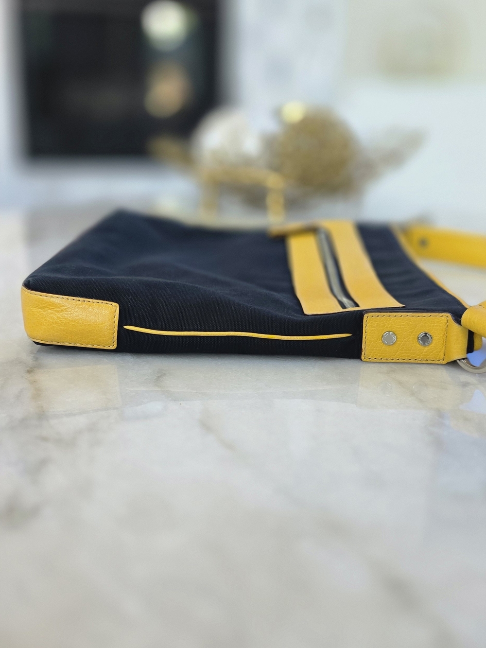 Kate Spade New York Black Canvas Yellow Leather Trim Messenger Crossbody. - Picture 4 of 11